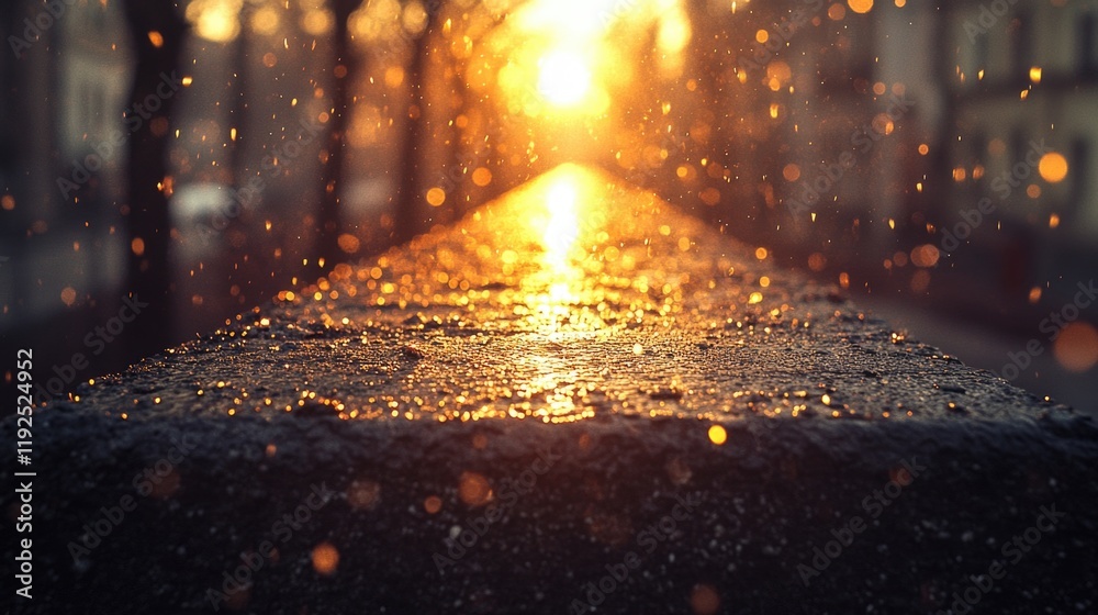 Poster a close-up of a wet sidewalk with sunlight shining down, ideal for use in weather-related or urban-t