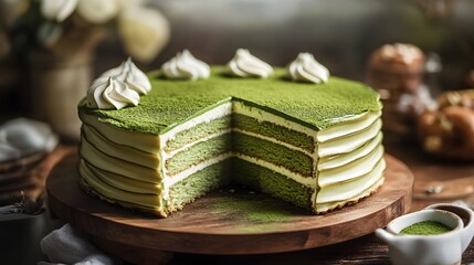 Matcha crepe cake topped with matcha powder and whipped cream.