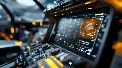 Spacecraft dashboard, futuristic holographic controls, glowing interface, 3D illustration