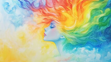 A serene woman's profile with vibrant, flowing rainbow hair surrounded by soft, colorful clouds, evoking a sense of imagination and dreaminess.