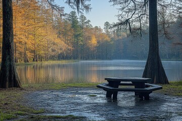 A wooden park bench situated on a calm lake, surrounded by nature