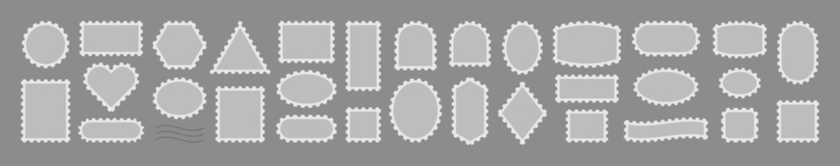 Postage Stamp Vector Frames Set. Postal Shapes Border. Vintage Post Stamp Triangle, Rectangle, Oval, Circle, Square, Heart, Ellipse, Arch. Postmark Blank Template For Letter, Post Card, Web Design.
