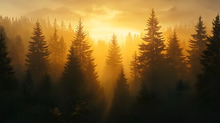 Golden Sunrise Illuminates Misty Evergreen Forest
