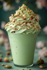 Decadent pistachio mousse dessert with creamy toppings for gourmet indulgence