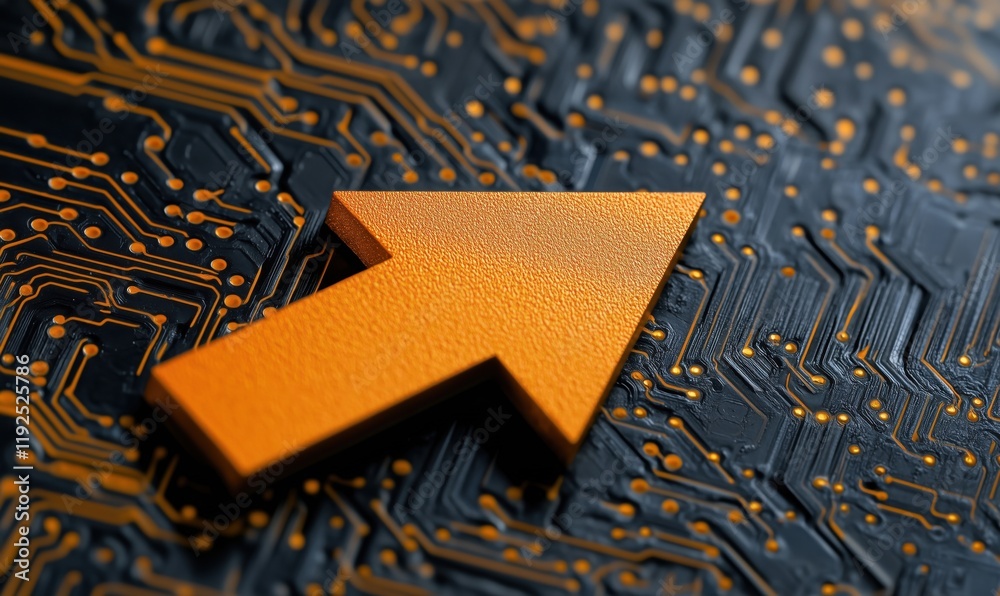 Poster orange arrow symbolizing progress on black circuit board background with intricate patterns and glow