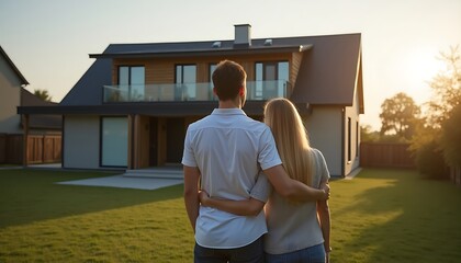 A couple is looking at their new modern home