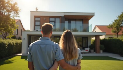 A couple is looking at their new modern home