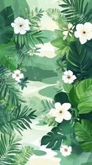 Lush Tropical Floral Watercolor: White Blossoms Amidst Verdant Leaves
