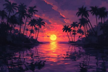 Fototapeta premium Sunset over calm water with palm trees reflecting colorful sky