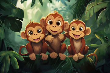 Three cheerful cartoon monkeys sitting on a branch in a lush jungle setting.