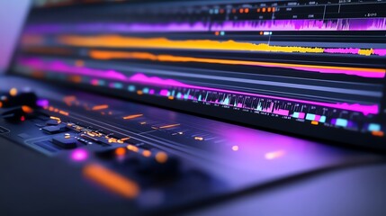 A creative media editing display, virtual touch sliders and layers, neon purple and orange, isolated on white background