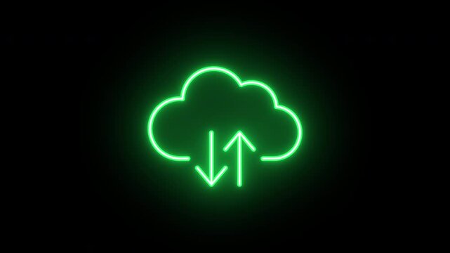 Neon cloud icon animation, slow blink. Glowing neon cloud storage with arrows, looped slow flashing animation. Cloud space and technology, data backup, file repository. Green, yellow, orange colors