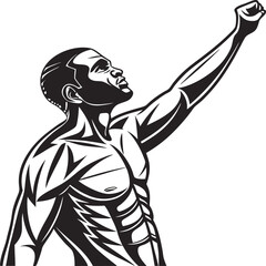 Muscular Male Figure in Defiant Pose with Raised Fist in Black and White Illustration