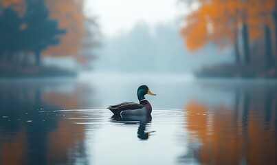 Obraz premium Mallard duck on calm autumn lake, misty park background. Nature photography for website, calendar