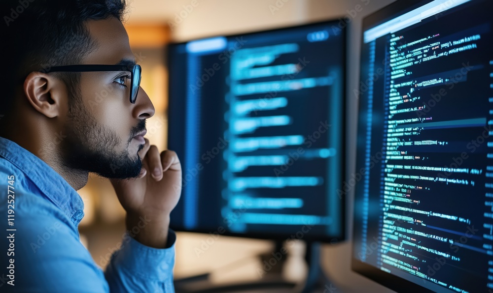 Aufkleber focused programmer analyzing code on dual monitors, deep in thought, showcasing modern software deve