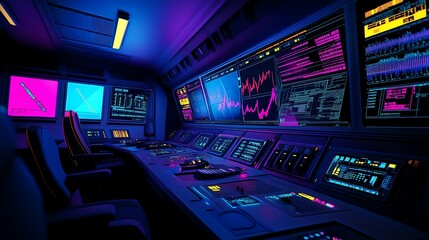 A glowing holographic display featuring retro fonts, neon grids, and pixelated graphs, set in a futuristic control room