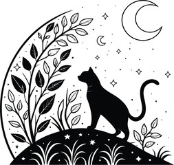 Cat Silhouette with Crescent Moon, Stars and Botanical Elements in Mystical Night Scene