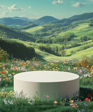 White Circular Platform Amidst a Blooming Wildflower Field with Rolling Hills Generative AI