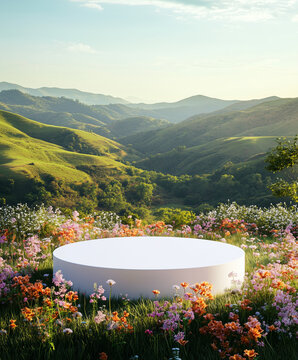 White Circular Platform Amidst a Blooming Wildflower Field with Rolling Hills Generative AI