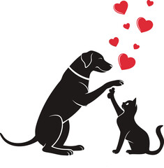 Dog and Cat Silhouette with Red Heart Shapes in Minimalist Valentine's Theme of Pet Love