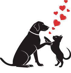 Dog and Cat Silhouette with Heart Shapes in Valentine's Day Theme of Love and Affection