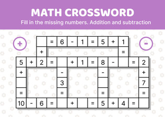 Easy math crossword game. Addition and subtraction. Fill in the missing numbers and signs. Solve the problem. Educational attention game for kids. Isolated vector illustration eps 10
