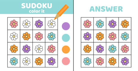 Coloring sudoku with flower. Sudoku game for kids. Color flower. Game for children. Vector, eps 10