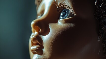 A detailed view of a doll's facial features, including its eyes