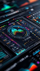 Obraz premium A neon holographic finance dashboard, blending pixel art charts, retro fonts, and glowing analog toggles