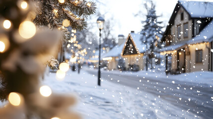 Naklejka premium Cozy winter village scene with snow, lights, and charming houses