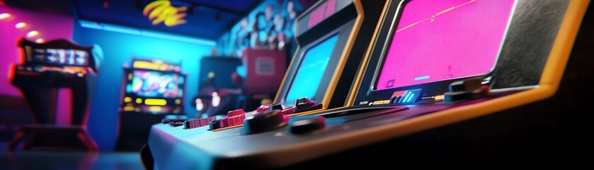 A retro gaming UI overlay featuring pixelated neon graphics, glowing leaderboards, and holographic controls in a vibrant arcade setting