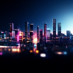 Obraz premium A retro holographic projection overlaying a cityscape, showcasing glowing grids, bright neon data visuals, and pixelated animations