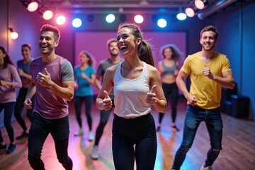 A group of people is participating in a fun dance fitness class, smiling and moving to the music. Bright lights and a vibrant studio backdrop create an energetic and lively environment
