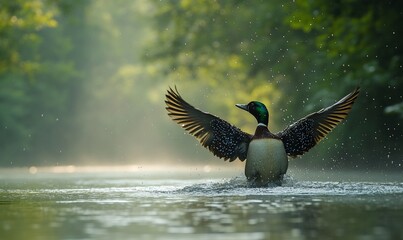 Obraz premium Mallard duck taking flight, river, morning mist, nature scene, wildlife photography