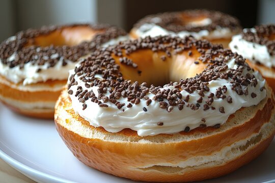 A plate filled with three colorful donuts, covered in creamy frosting and sprinkles