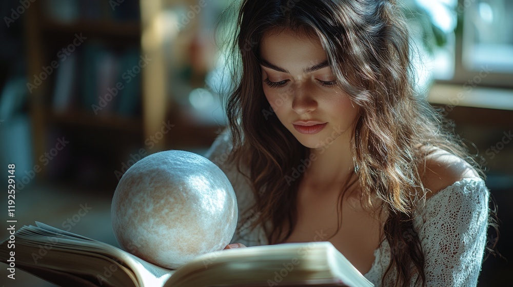 Poster a person sitting and reading a book while holding a globe, possible educational or research setting