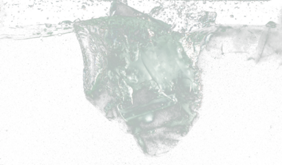 Falling ice tube pieces with water splashing in midair on a transparent, isolated black background. Ice tubes drop into water with air bubbles scatter splashing