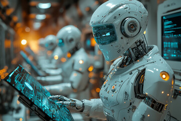 Fototapeta premium A futuristic laboratory scene where humans collaborate with sleek humanoid robots, managing holographic computer panels,