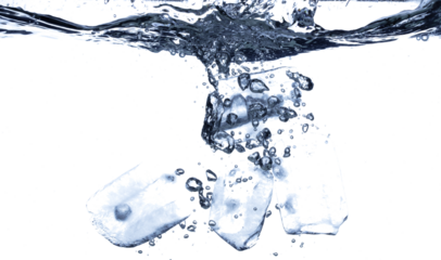Splashing ice tubes scattered in water creating a dynamic air bubbles motion effect. Isolated white background. Ice tubes hit water create air bubbles clear drink