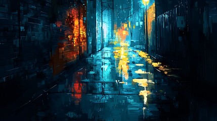 Obraz premium Rainy Night in a City Alleyway A Vivid Digital Painting of Urban Reflections.