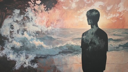 Obraz premium A silhouette of a person stands by the ocean, waves crashing, with a vibrant sunset sky in hues of orange and pink.