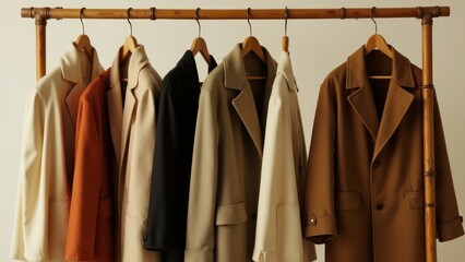 Biodegradable coats showcased on a bamboo rack with warm earthy tones and soft shadows