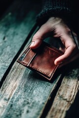 A person holds a wallet on a wooden table, suitable for illustrations about personal finance or everyday life