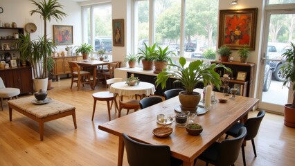 Reclaimed material tops displayed with eco friendly props in a serene boutique