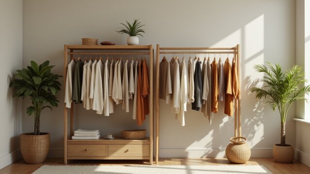 Linen casual wear displayed on a neutral toned rack with warm earthy tones