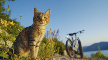 Obraz premium curious tabby cat sits among wildflowers, with bicycle in background, enjoying sunny day by water