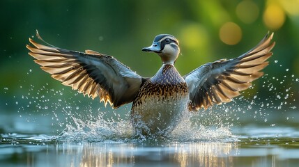 Mandarin duck taking flight, water splash, green background, wildlife