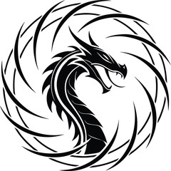 Dragon Silhouette in Circular Design with Yin Yang Influence and Tribal Art Elements