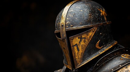 Medieval knight helmet, dark background, history, fantasy game