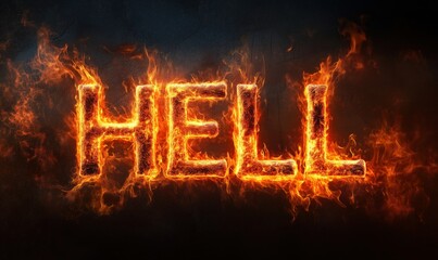 Fiery depiction of word HELL in flames, showcasing intense heat and darkness, symbolizing fear and the underworld